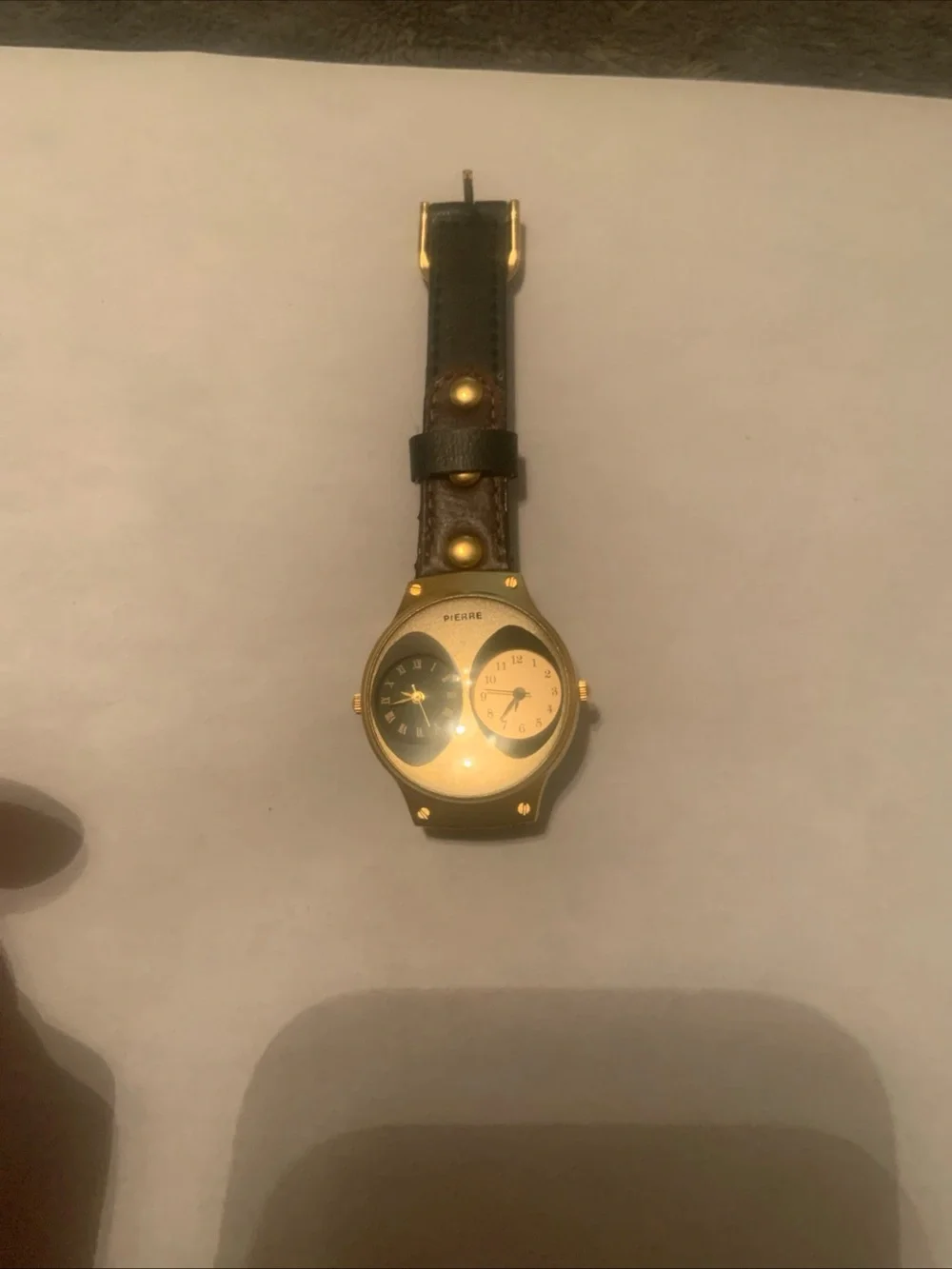 Pierre London boy Dual Time Gold-Tone Watch with Brown & black Leather Strap
